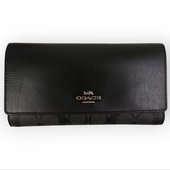 COACH CC LOGO CANVAS BLACK GENUINE LEATHER LONG WALLET PURSE CLUTCH - Picture 2 of 7